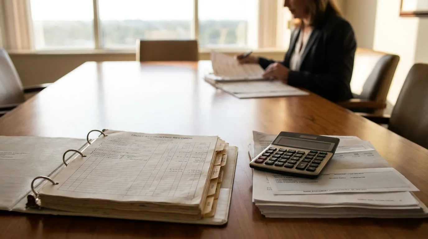Palm Beach Trust Accounting Records Review open Trust Accounting Records binder and calculator on conference table with professional reviewing documents