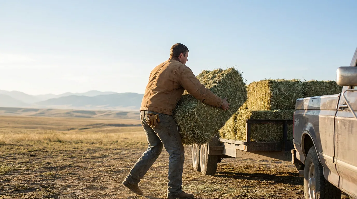 Montana Worker Loading Hay Bales After Injury farm worker manually loading hay bales onto flatbed trailer in open field