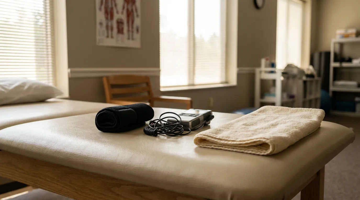 CRPS Treatment Room San Bernardino Workers Comp Clinic physical therapy treatment table with brace, TENS unit, and folded towel