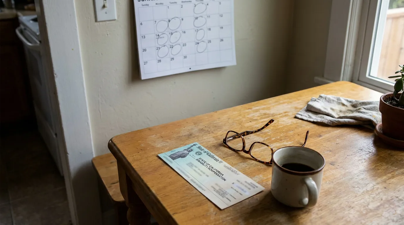 California Disability Check On San Bernardino Kitchen Table State of California disability compensation check on kitchen table beside eyeglasses and coffee mug