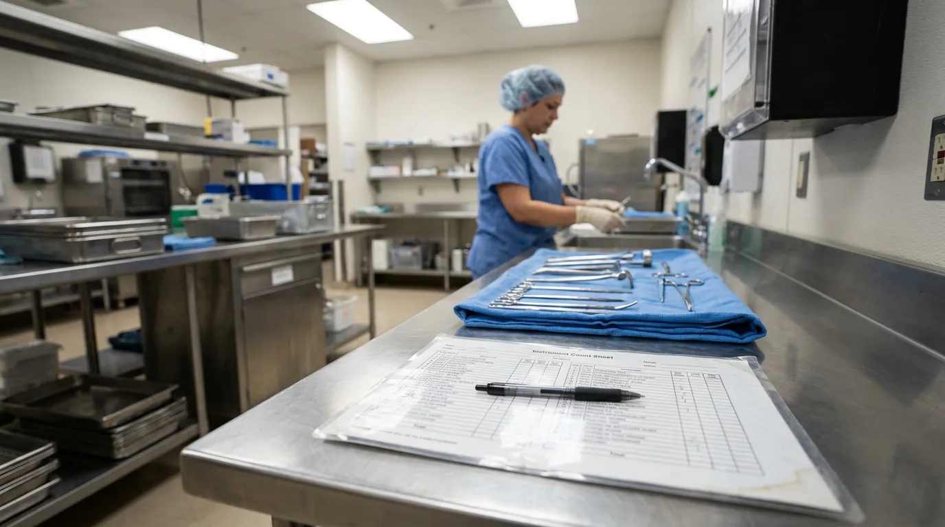 San Bernardino Hospital Surgical Instrument Sterilization Room Instrument Count Sheet and surgical tools on sterile field with scrub technician