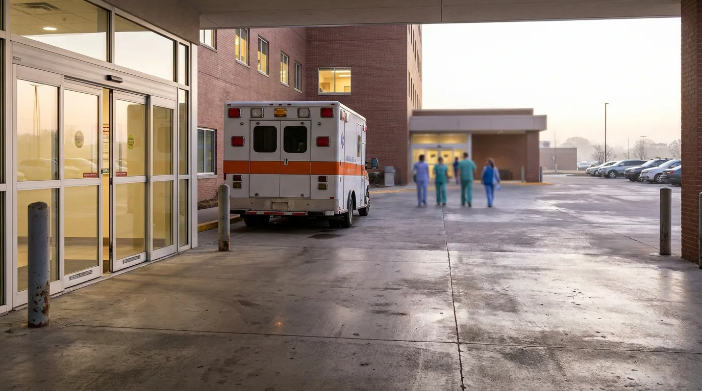 ambulance parked at hospital emergency entrance with medical staff walking nearby