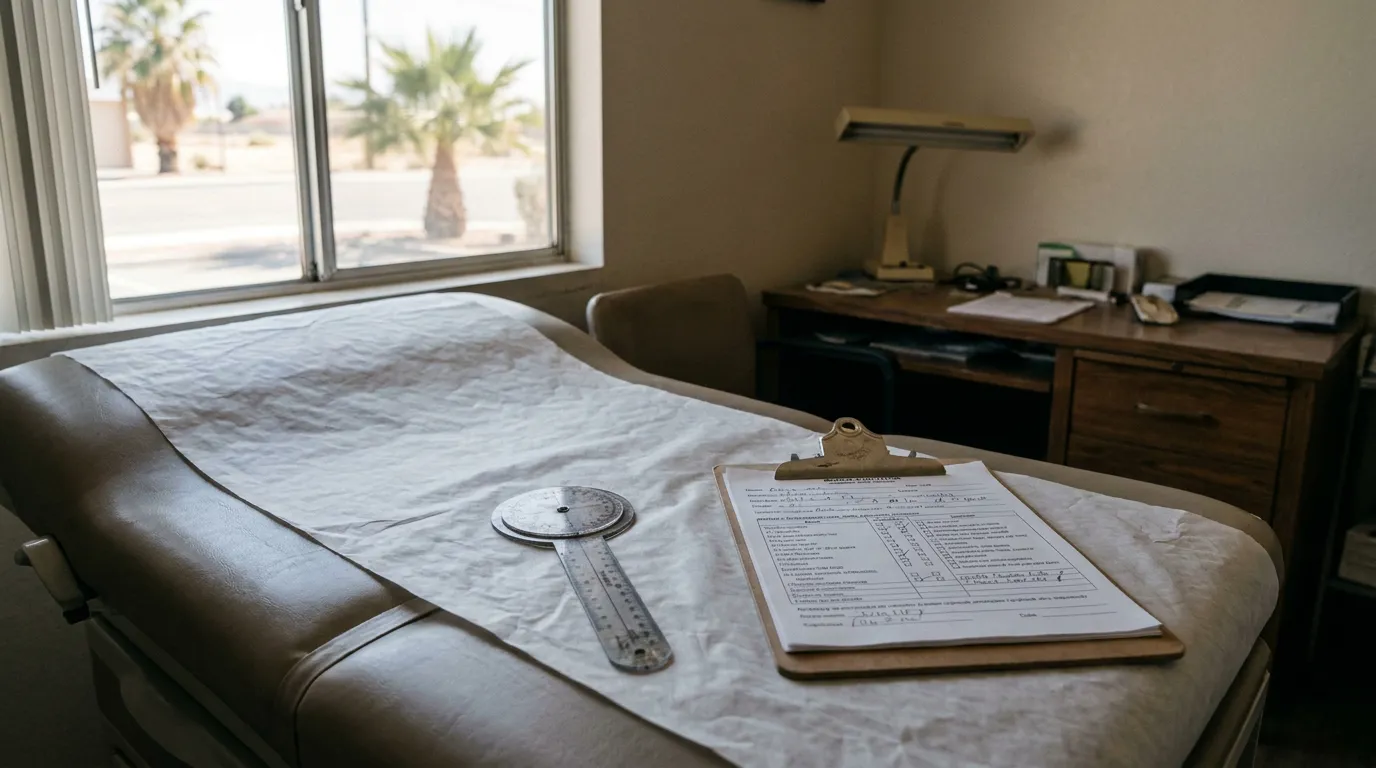 San Bernardino Medical Exam Room Workers Comp medical examination table with clipboard, patient form, and goniometer instrument