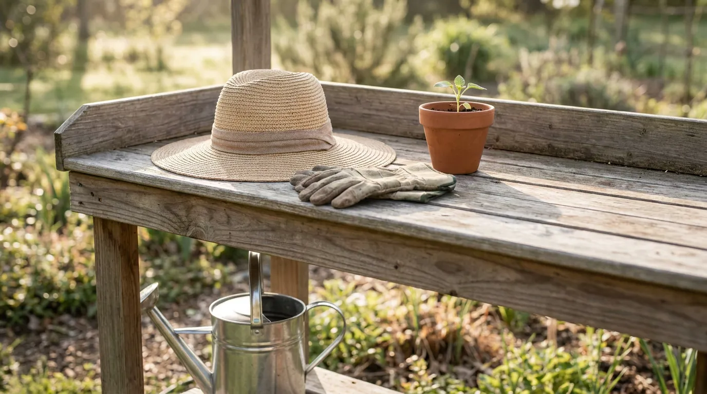 straw hat, gardening gloves, seedling pot, and watering can on wooden workbench