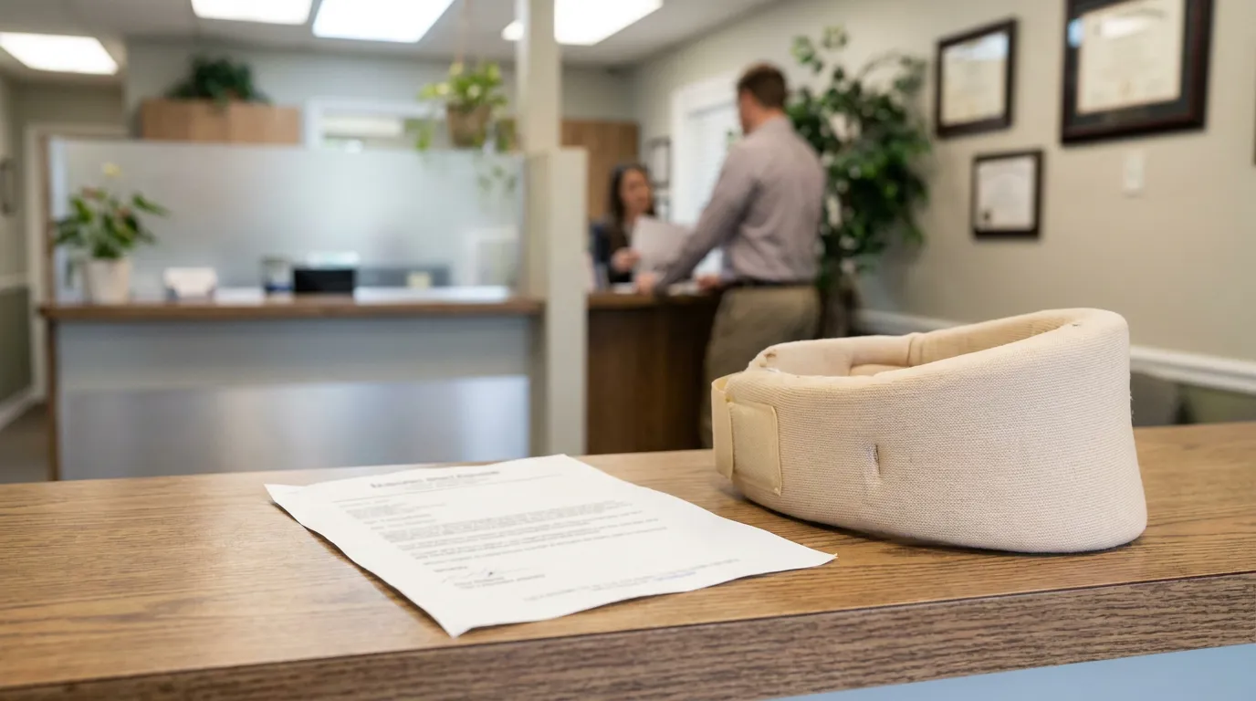 cervical neck brace and legal document on desk in medical office reception