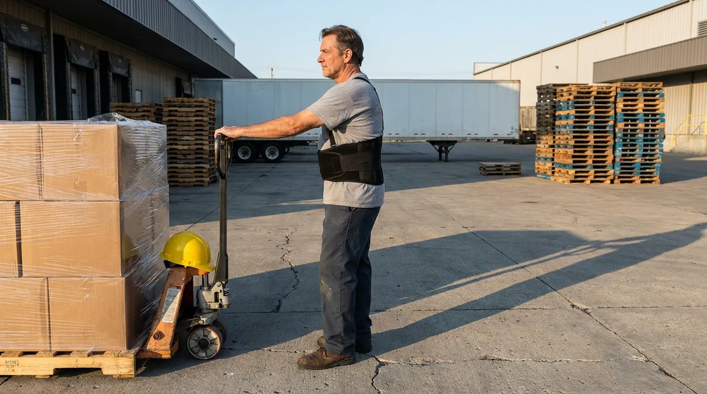 San Bernardino Warehouse Worker Back Injury Cauda Equina warehouse worker wearing back brace operating pallet jack near loading dock