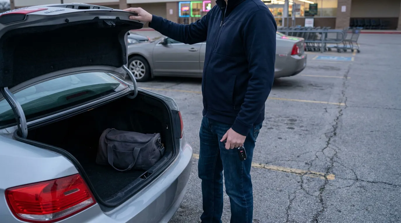 Parent Packing Bag For Texas Custody Exchange man holding car keys opening sedan trunk with bag inside parking lot
