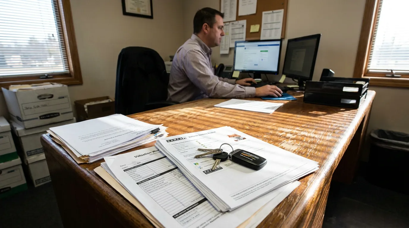 attorney working at desk with vehicle history report, valuation worksheet, and car keys