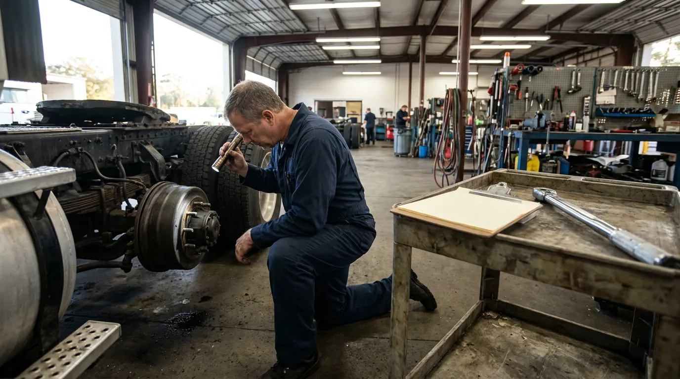mechanic kneeling with flashlight inspecting large truck wheel and brake assembly in commercial garage