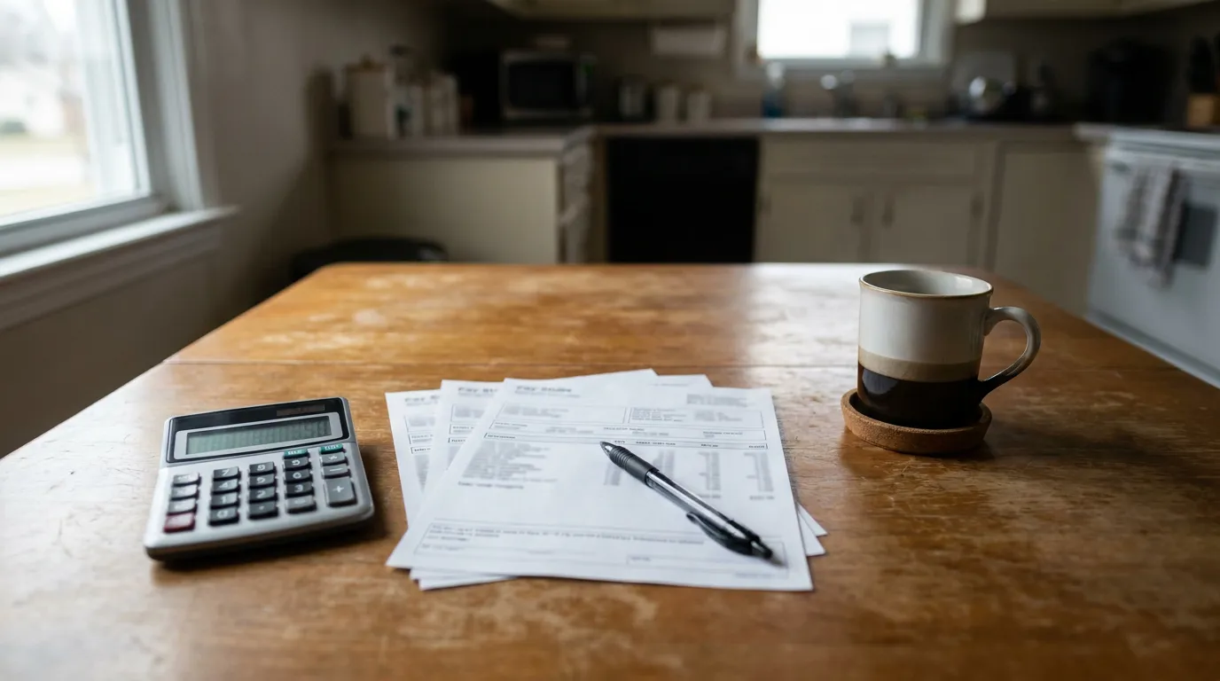 Florida Average Weekly Wage Calculation Pay Stubs calculator, pay stub documents, and pen on wooden kitchen table
