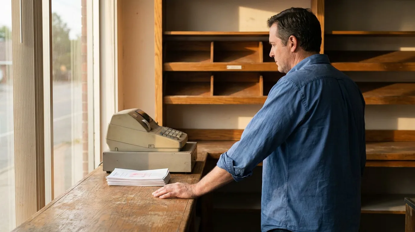 man standing at wooden counter beside stacked documents and vintage register machine