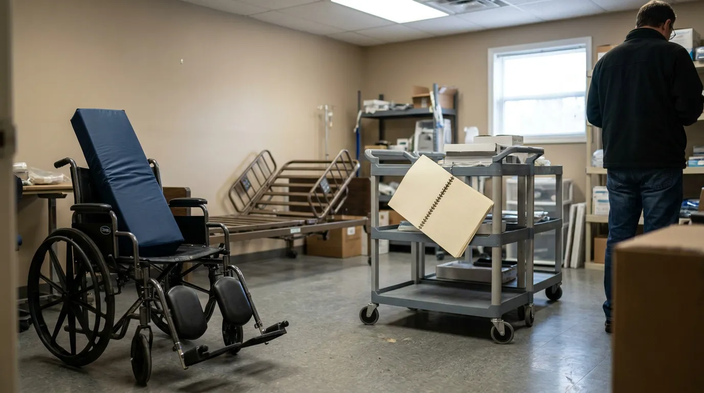 Illinois Life Care Plan Medical Equipment Assessment wheelchair and hospital bed frame in cluttered medical equipment storage room