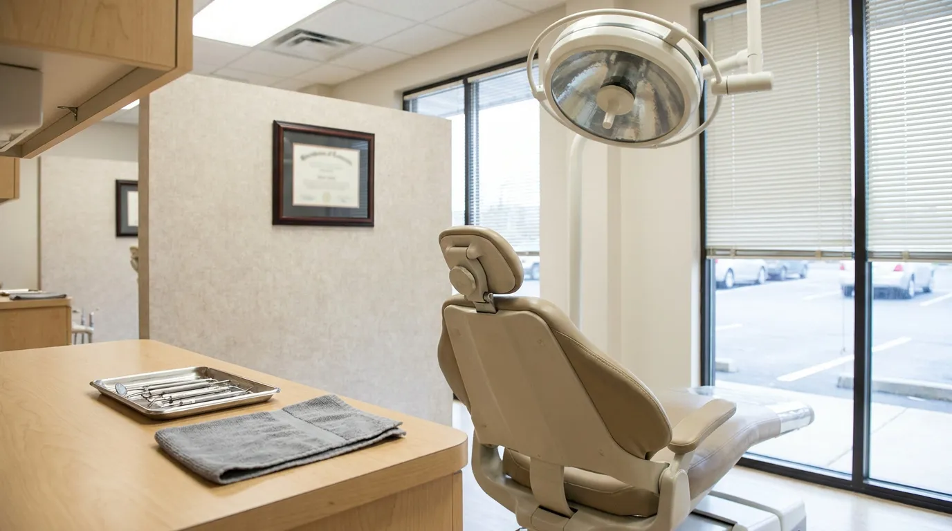 Dental Practice Goodwill Valuation Las Vegas Divorce dental exam chair with overhead surgical light, instruments tray, and framed certificate