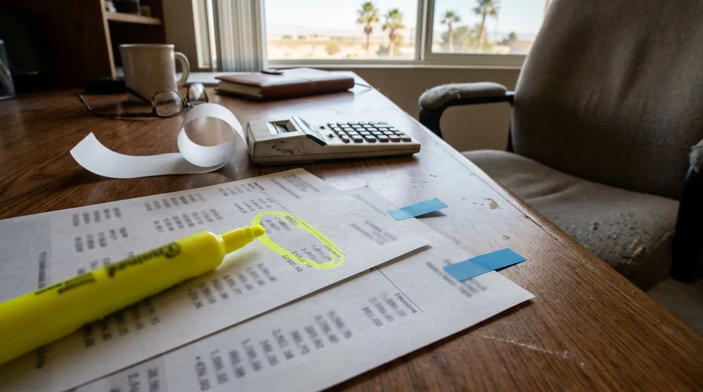 Bank Statement Tracing For Las Vegas Divorce highlighted financial documents on desk with calculator and printed receipt tape