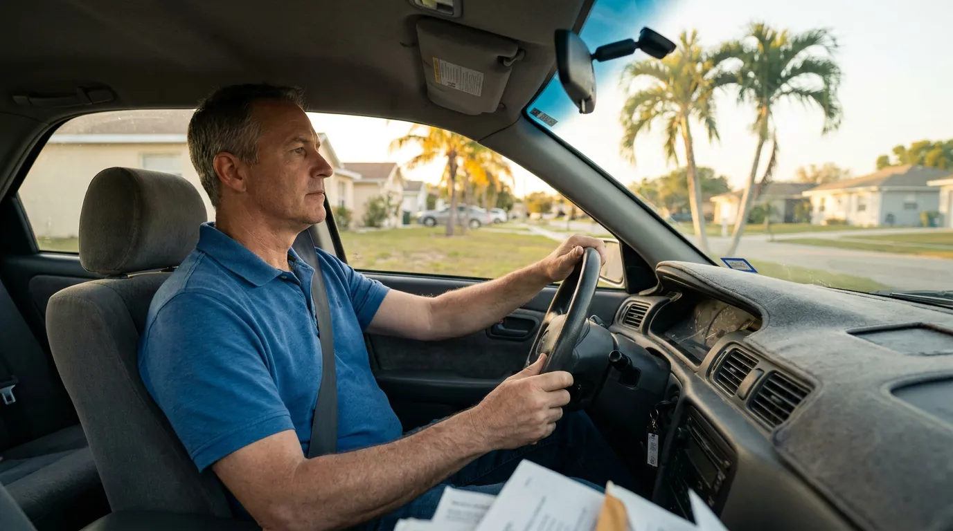 Driver Wearing Seatbelt Florida Car Accident Claim man wearing seatbelt driving car through residential neighborhood with palm trees