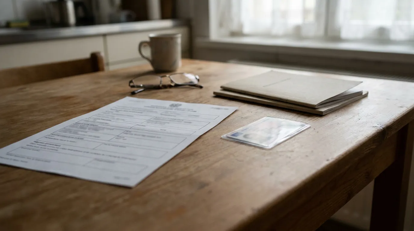 Survivor Benefit Plan Deemed Election Paperwork Las Vegas official form, ID card, eyeglasses, and notebook resting on wooden table