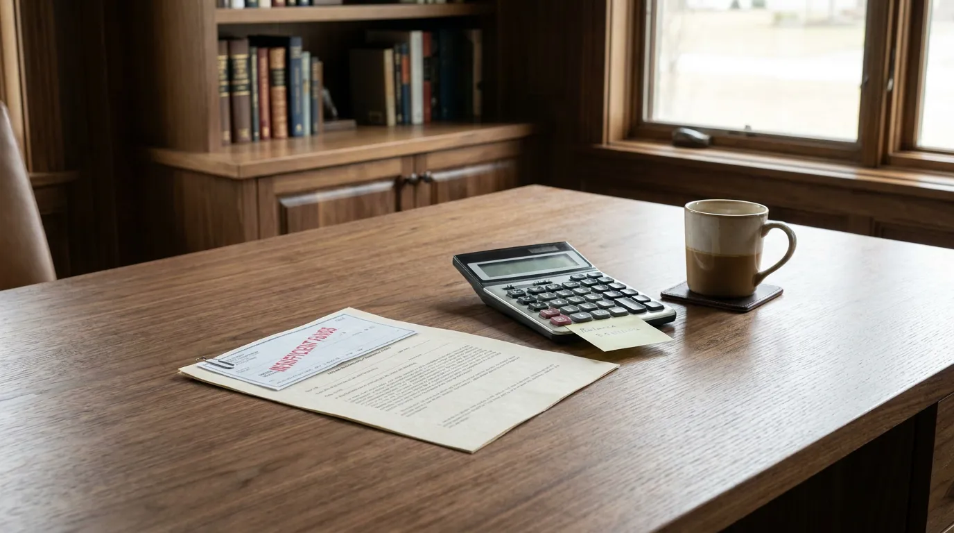 employment form, calculator, sticky note, and coffee mug on wooden desk
