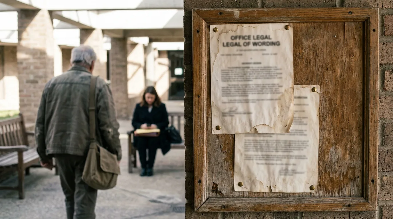 Georgia Courthouse Legal Notice Board wooden board displaying Office Legal wording documents outside courthouse with people nearby