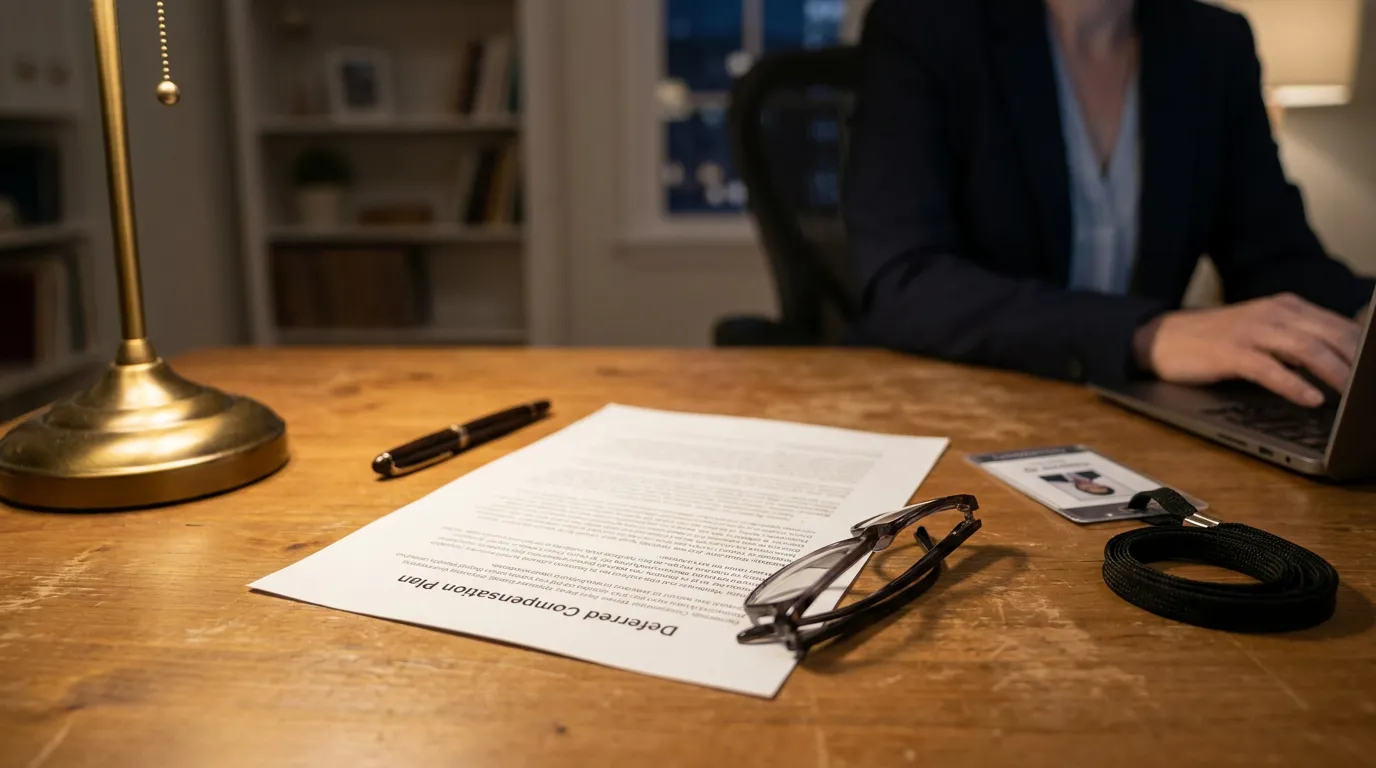 Deferred Compensation Plan Document Las Vegas Divorce Deferred Compensation Plan document on desk with glasses, pen, and attorney working on laptop