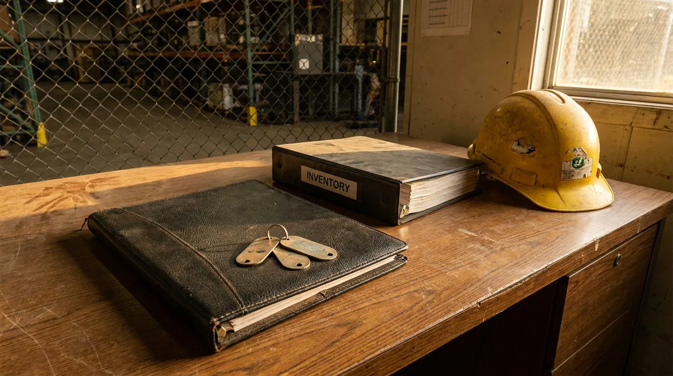Inventory binder, hard hat, and keys on warehouse workbench