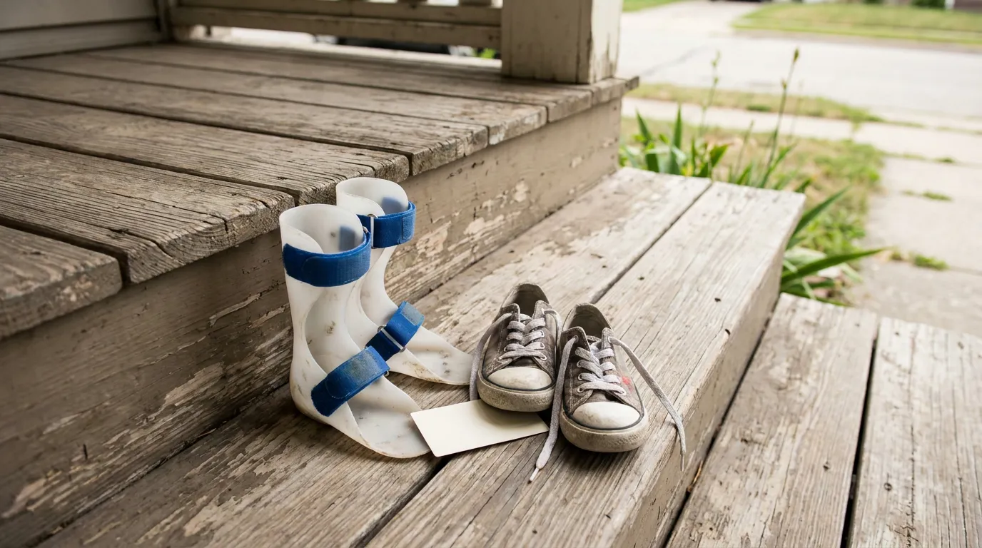 Illinois Kernicterus Birth Injury Child Leg Braces orthopedic ankle brace with straps beside worn sneakers on wooden porch steps