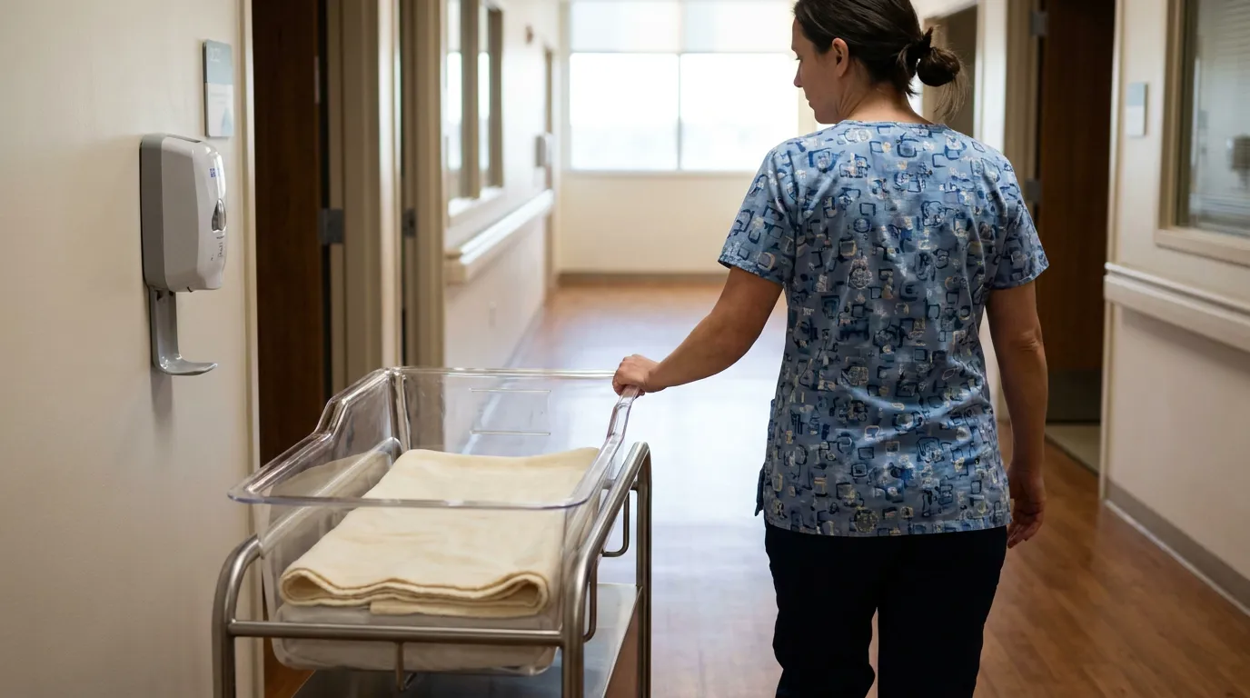 Illinois Nurse Pushing Newborn Bassinet Hospital Hallway nurse in scrubs pushing empty newborn bassinet down hospital corridor