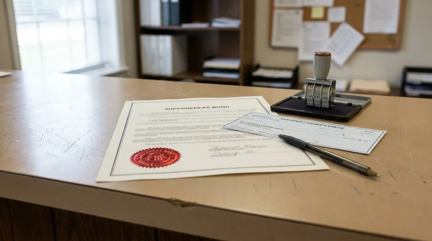 Supersedeas bond document with wax seal, certified cashier's check, and date stamp on desk