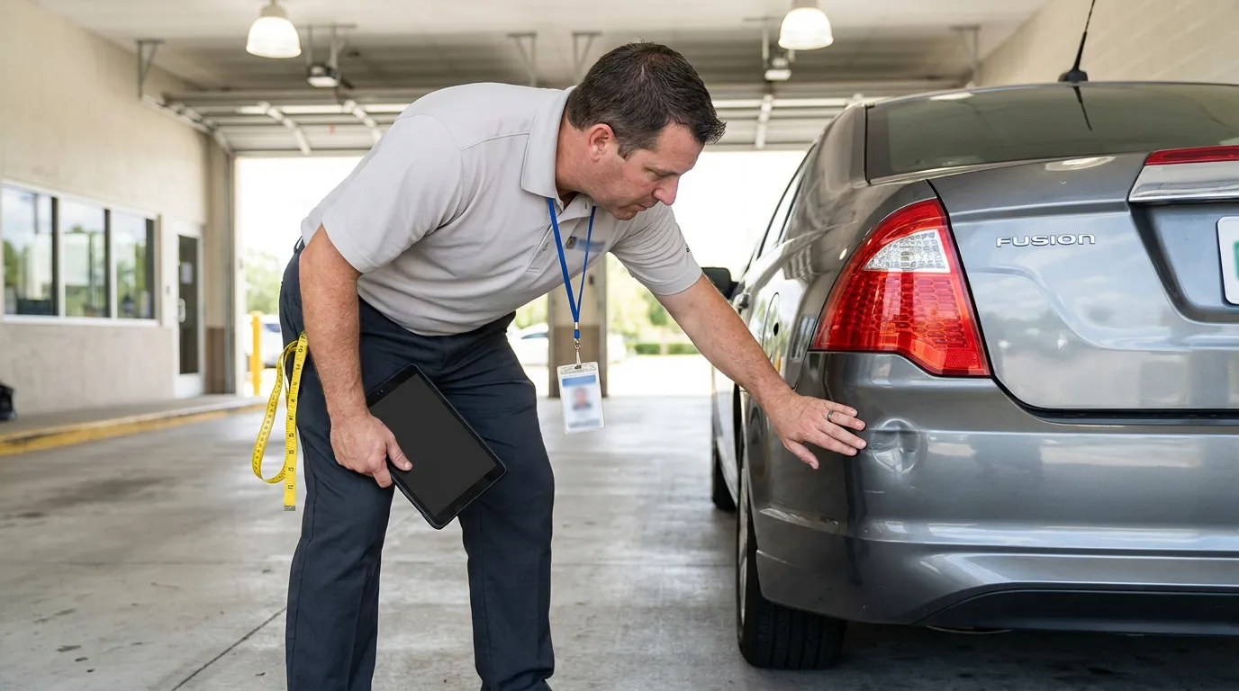 Florida Adjuster Inspecting Car Damage After Crash badged inspector with tablet examining rear bumper damage on Ford Fusion