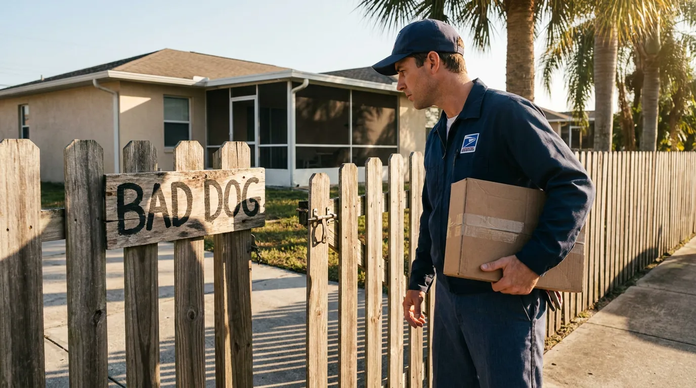Bad Dog Sign On Florida Fence Gate USPS mail carrier holding package pausing at gate with Bad Dog warning sign