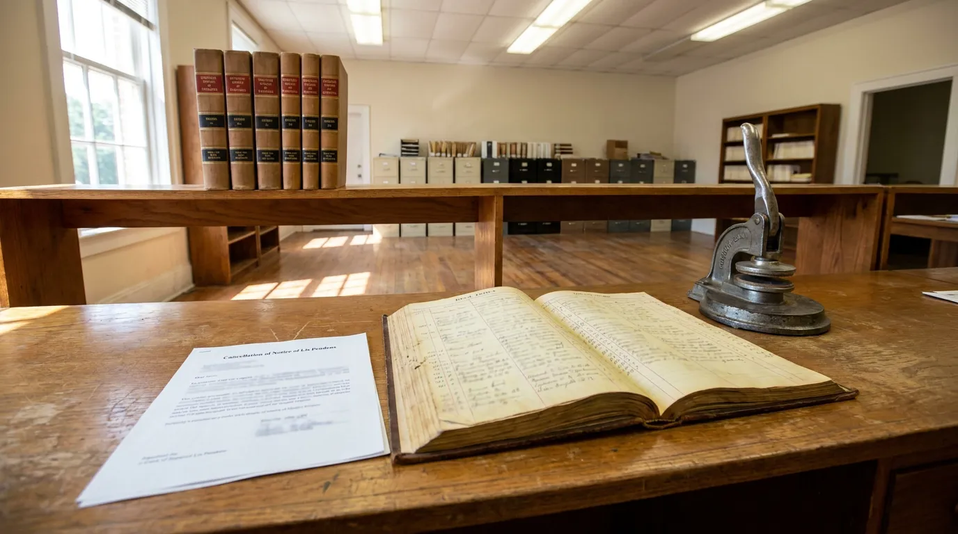 Cancellation Of Notice Of Lis Pendens Georgia Cancellation of Notice of Lis Pendens document, open ledger, and embossing seal on wooden courthouse desk