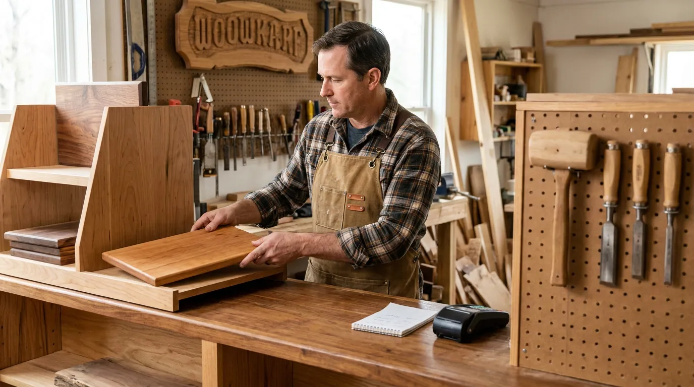 woodworker in apron inspecting handcrafted wood panel inside workshop with tools