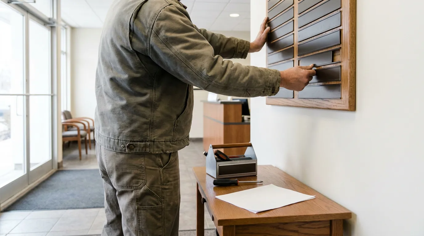 maintenance worker repairing wall-mounted mailbox unit in commercial office lobby