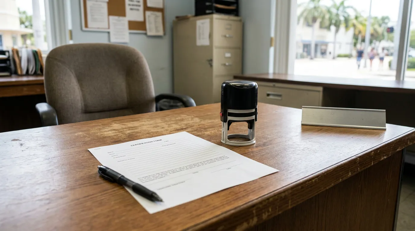 certification form and rubber stamp on wooden office desk with name plate