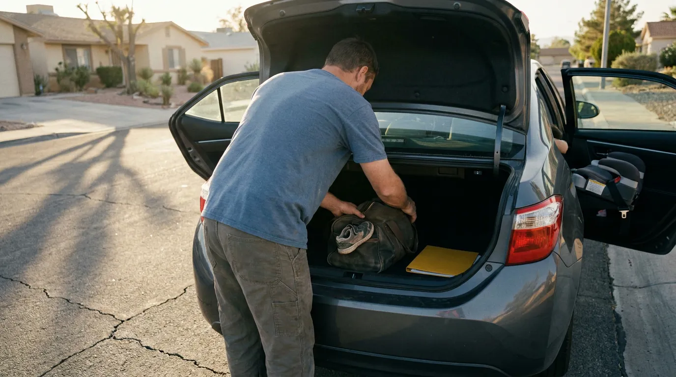 Parent Packing Car For Custody Exchange Las Vegas man loading duffel bag and folder into open car trunk on residential street