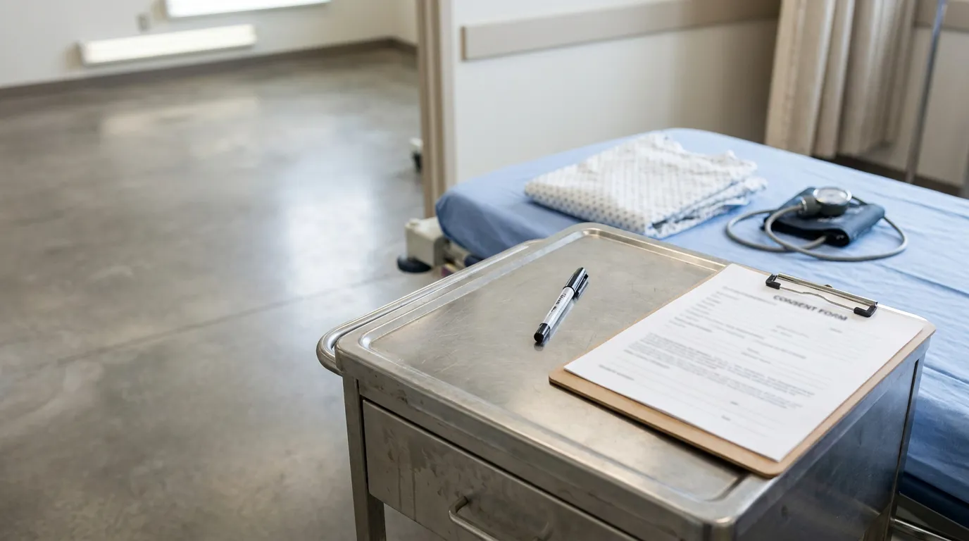 Illinois Wrong Site Surgery Consent Form medical consent form on clipboard beside hospital exam table with blood pressure cuff