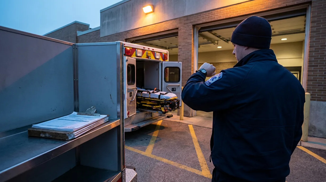 Illinois Emergency Responder Checking Time Near Ambulance EMT checking watch beside open ambulance with stretcher at hospital bay