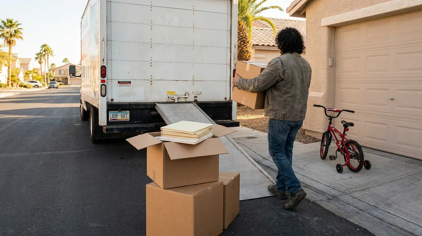 Family Moving Home Las Vegas Custody Jurisdiction person carrying cardboard box toward moving truck parked outside residential home