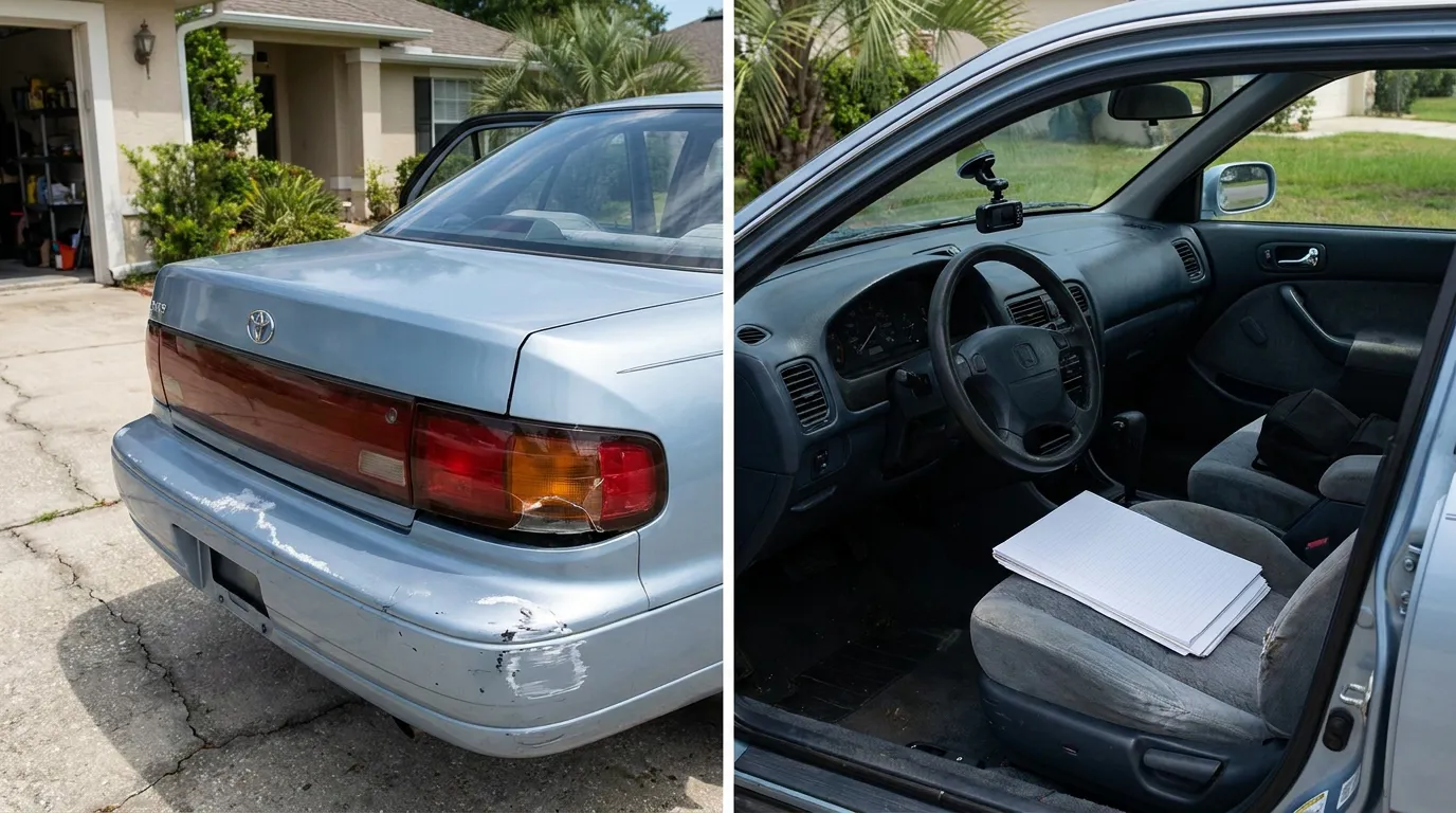 Toyota sedan with rear bumper damage beside vehicle interior with documents on seat