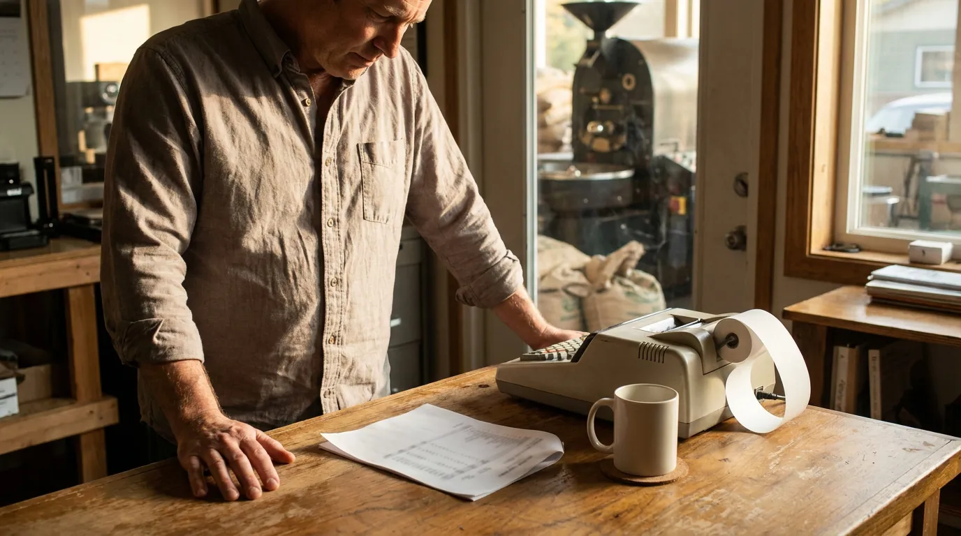 Georgia Business Owner Reviewing Earnout Milestone Numbers small business owner operating adding machine with printed tape and documents on wooden desk