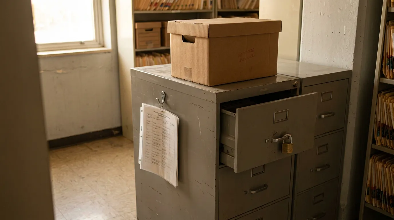 Locked Illinois Hospital Records Cabinet locked metal filing cabinet with open drawer, document sheet, and cardboard archive box