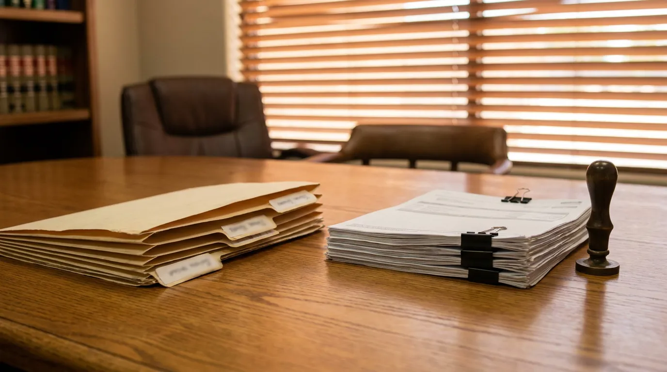 Las Vegas Guardianship Annual Accounting Documents stacked manila folders and clipped legal documents beside notary stamp on law office desk