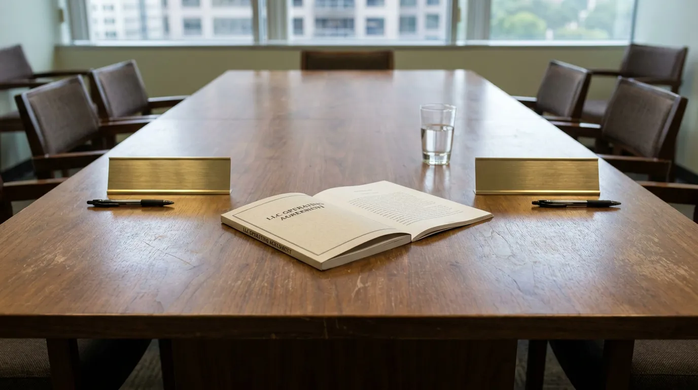 Georgia LLC Member Deadlock Boardroom Table LLC Operating Agreement open on conference room table with name plates and pens