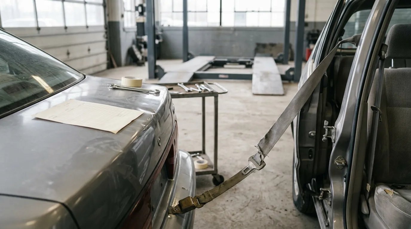 damaged vehicle with detached seatbelt in auto repair garage with mechanic tools