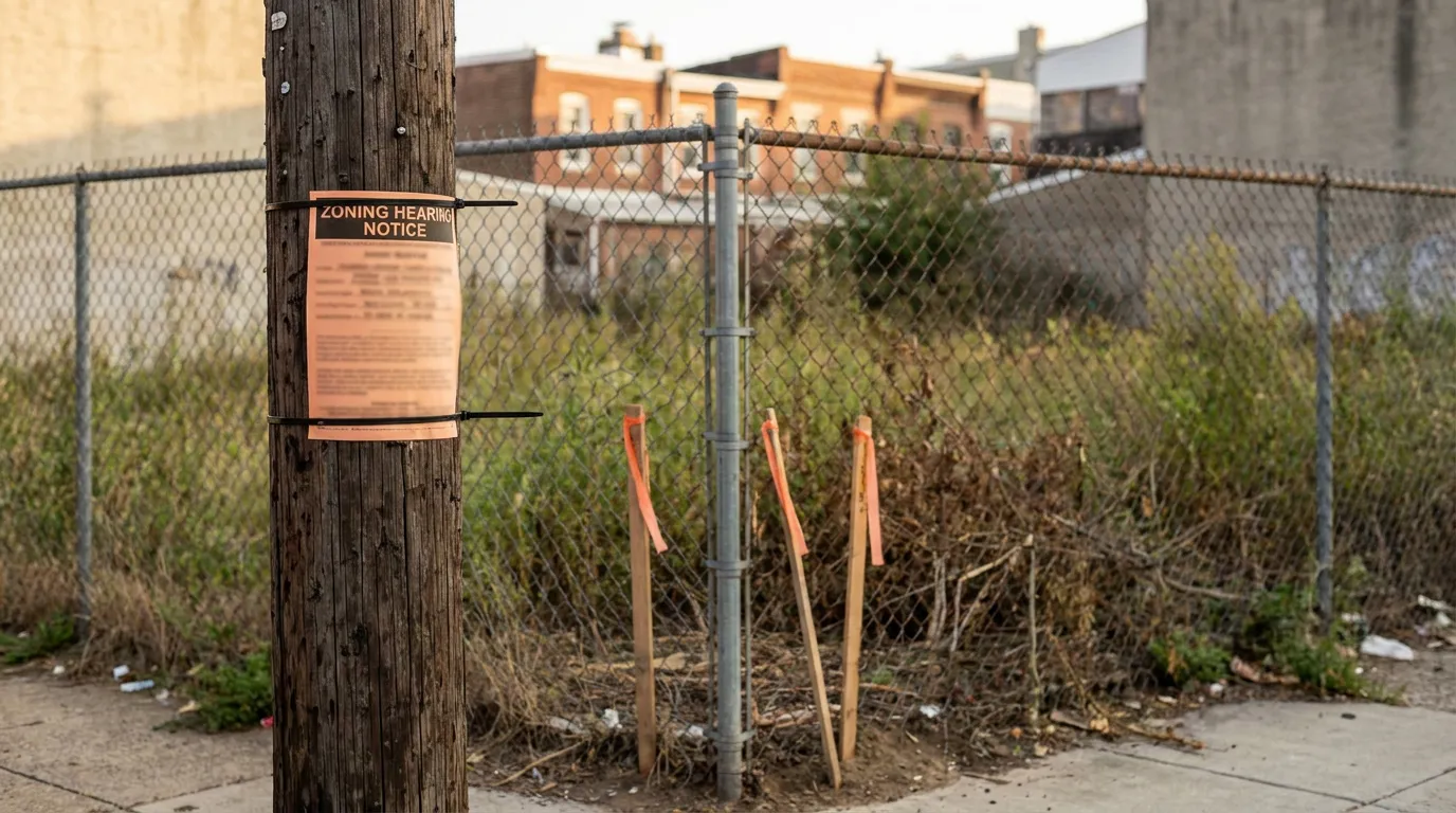 Zoning Hearing Notice posted on utility pole beside vacant overgrown lot