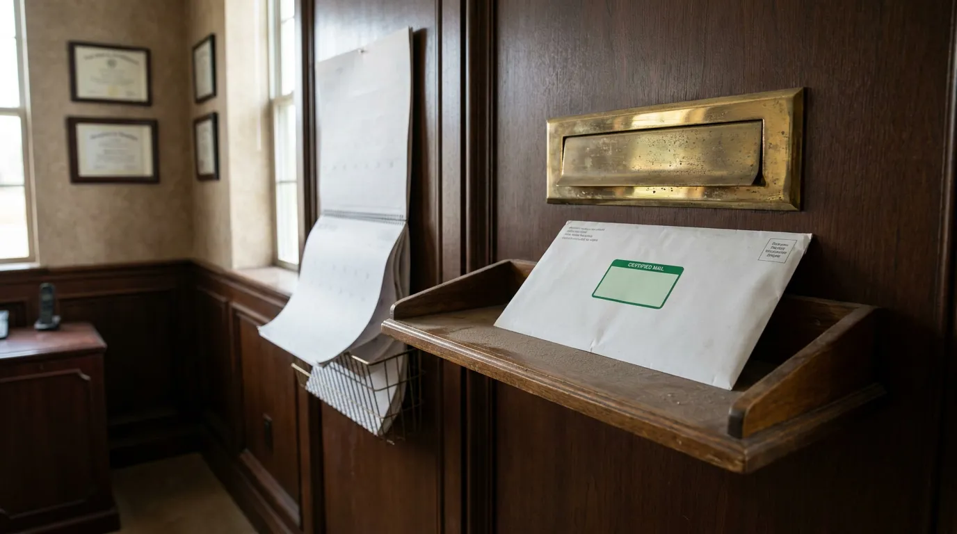 Certified Mail Records Demand Philadelphia LLC Office certified mail envelope resting on wooden mail slot ledge in law office