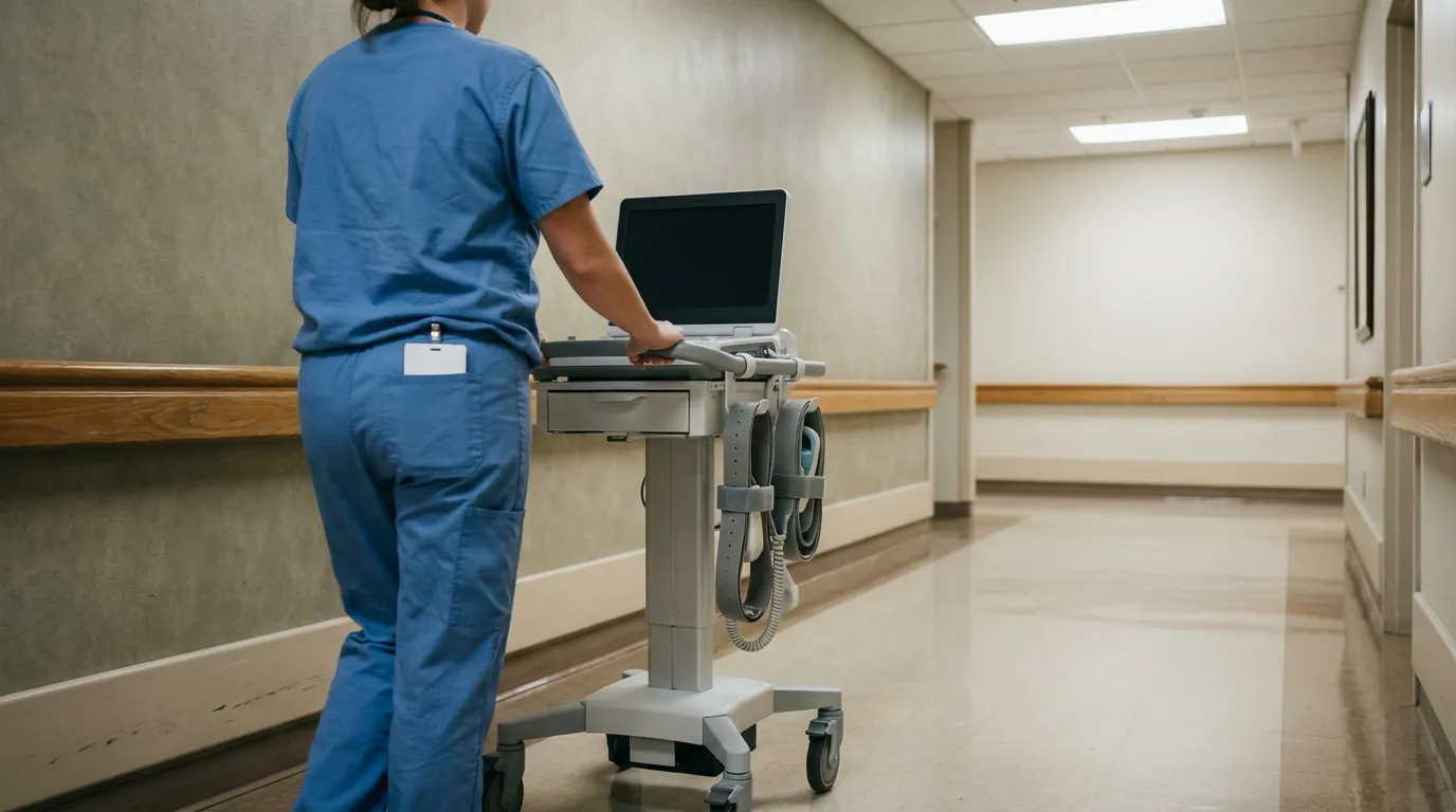 Illinois Nurse Pushing Fetal Heart Monitor Cart nurse in scrubs pushing medical equipment cart down hospital corridor