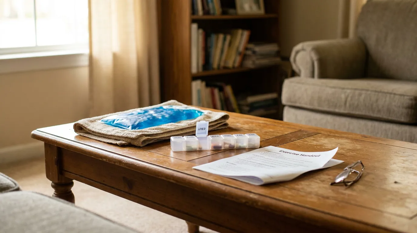 Home Recovery Gap In Treatment Mandeville Injury Claim Exercise handout, pill organizer, and ice pack on wooden coffee table