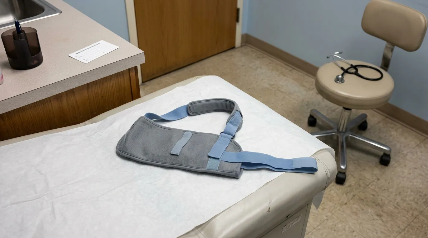 shoulder sling brace resting on medical exam table with stethoscope nearby