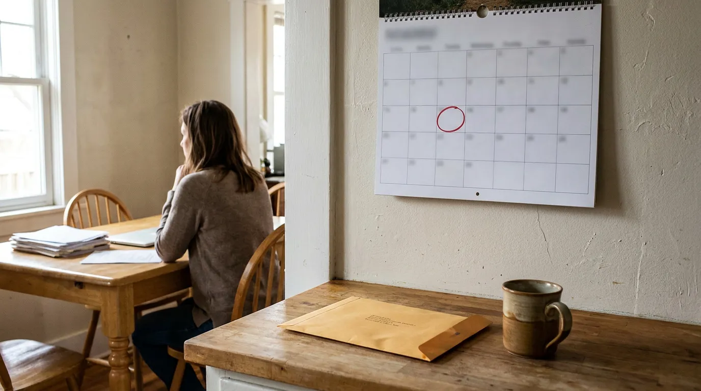 Illinois Woman Reviewing Medical Malpractice Case Deadline woman seated at table with documents beside wall calendar with circled date