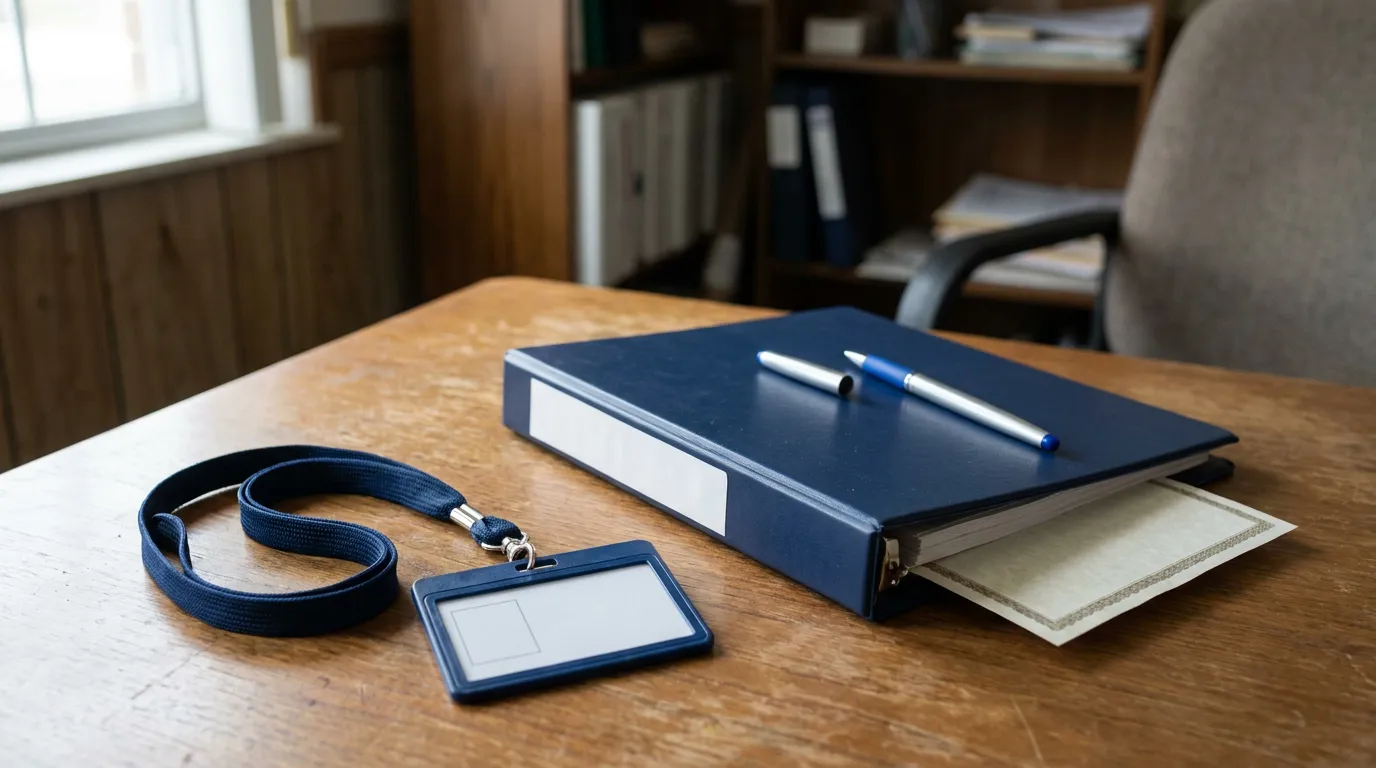Illinois Hospital Physician Credentialing File And Badge blank ID badge with lanyard beside document binder and pen on wooden desk